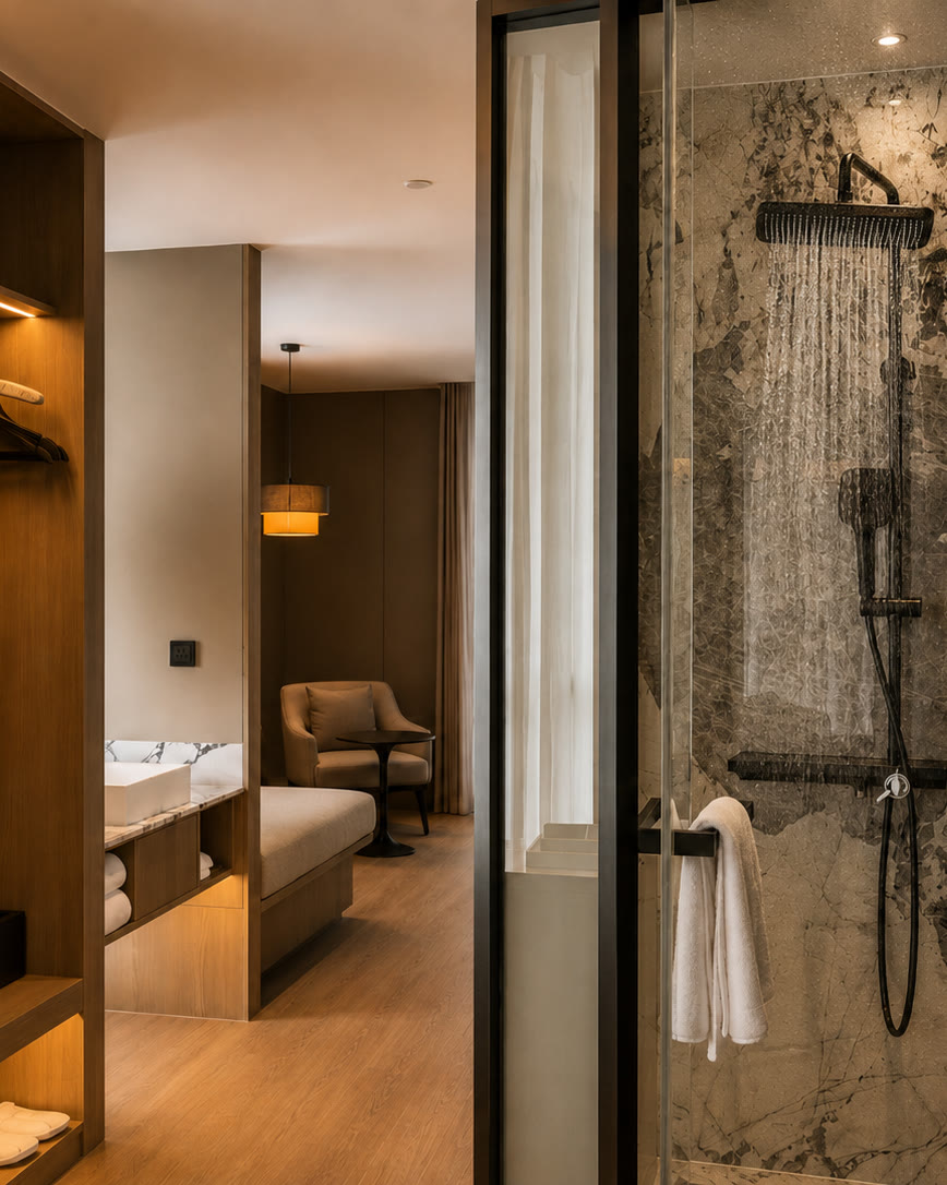 Suite living space and rainfall shower at Portrait Resort Port Dickson
